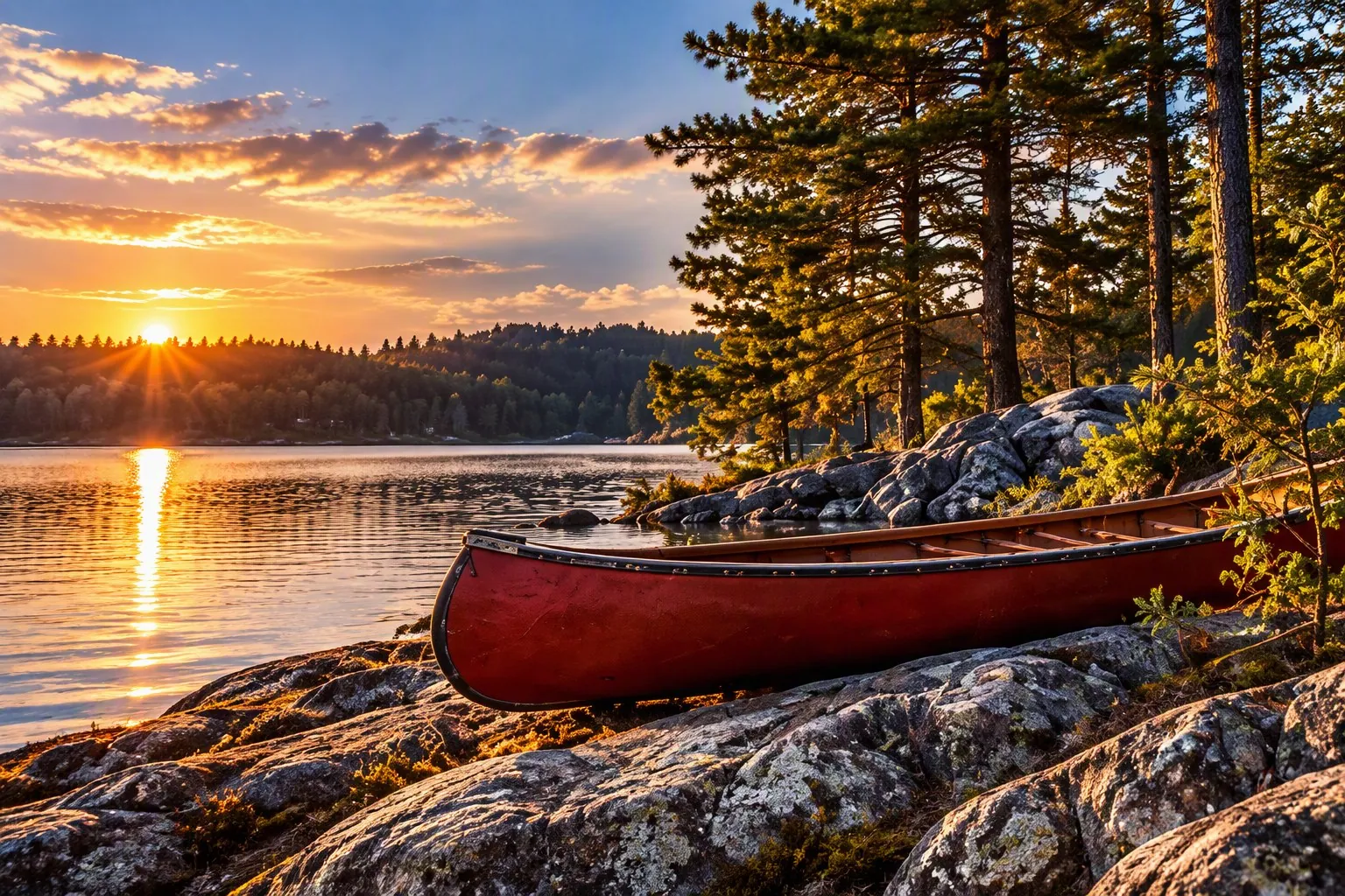 Un canot sur des rochers de granit au bord d'un lac au coucher du soleil