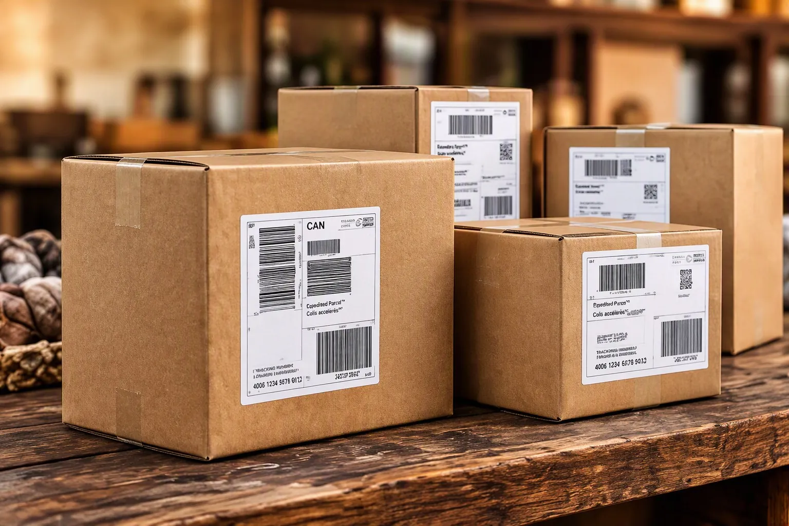 Quatre boîtes d'expédition en kraft avec des étiquettes de Postes Canada sur un comptoir en bois rustique